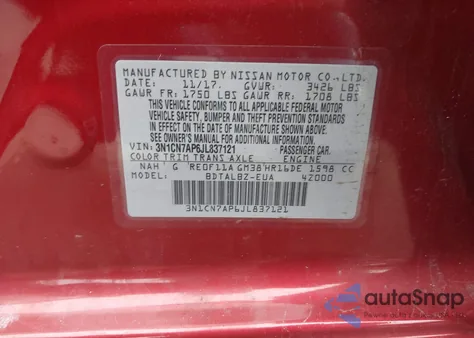 2018 Nissan Versa 1.6 Sv из США, поврежденный, VIN 3N1CN7AP6JL837121